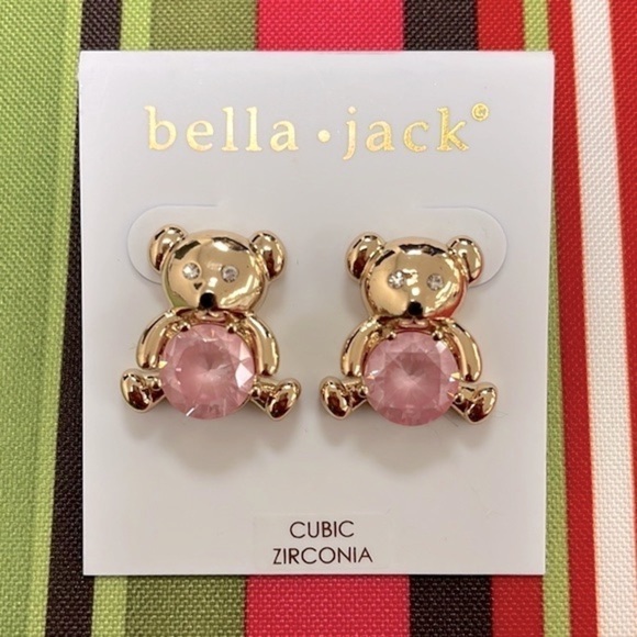 Brand New Bella Jack Teddy Bear Post Earring Gold Tone w/ Pink Stone - Picture 1 of 14